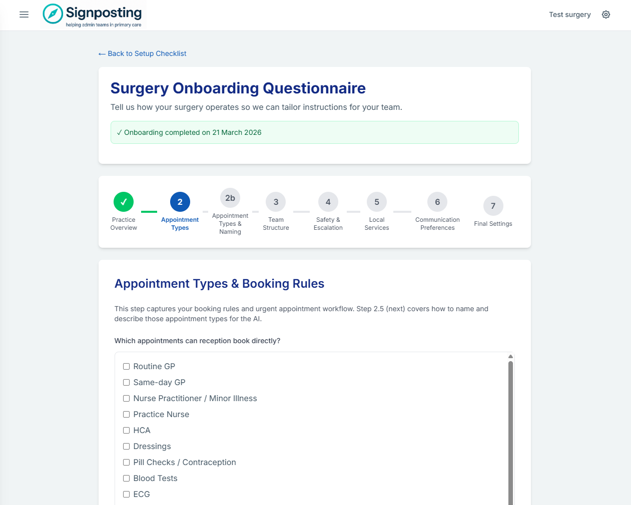 Practice questionnaire step
