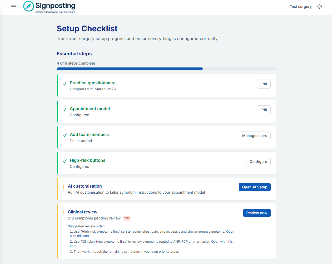 Setup checklist overview