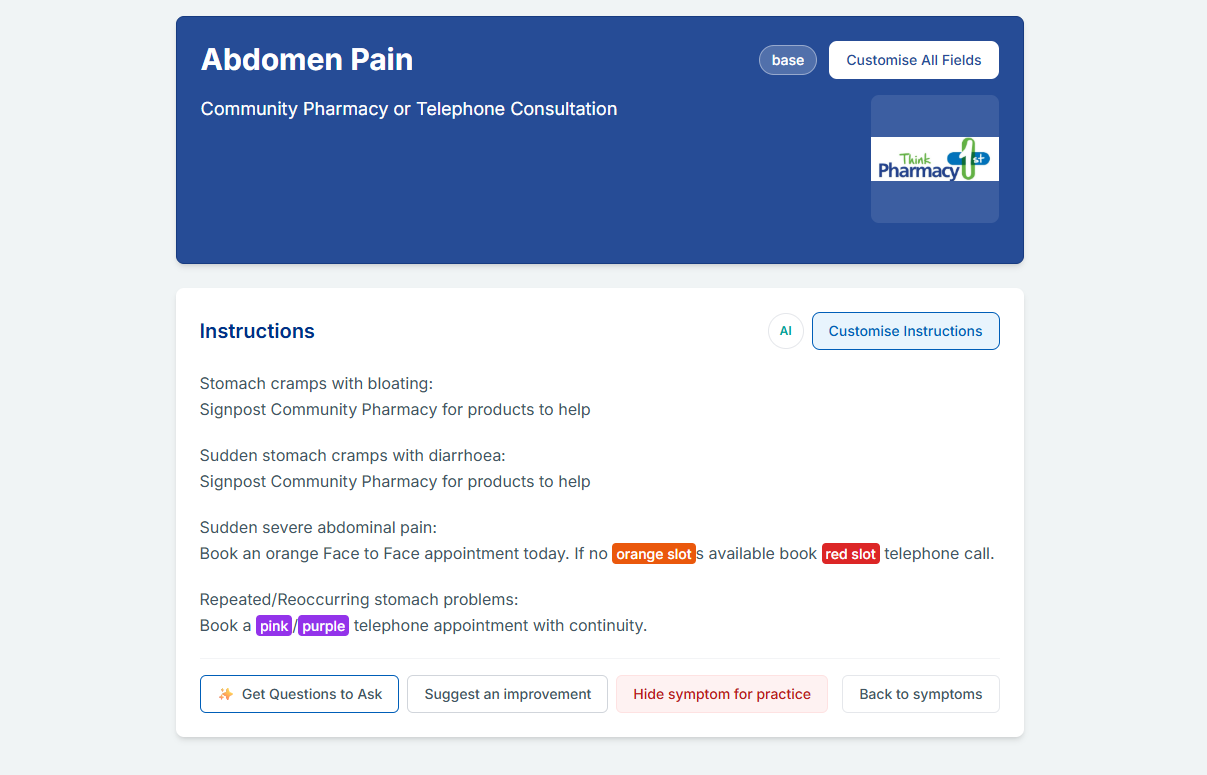Symptom instructions with AI Suggested Questions