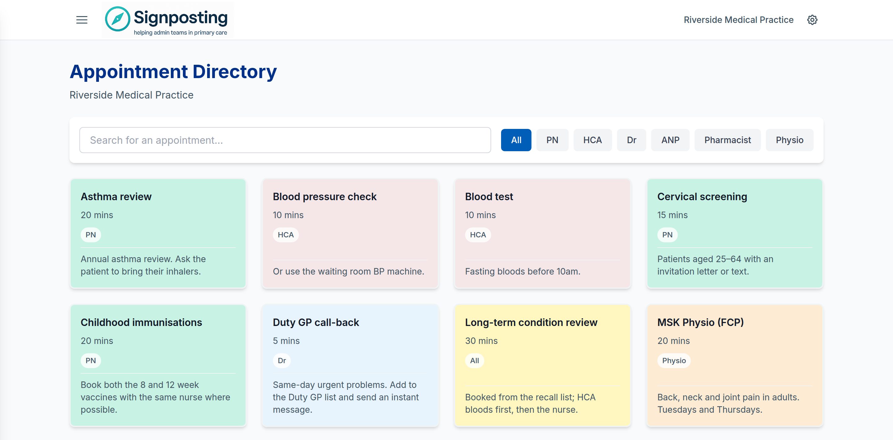 The Appointment Directory listing appointment types such as Routine GP, Minor Illness Clinic and Cervical screening, each with its staff team, length and booking notes, with filter buttons for each team.