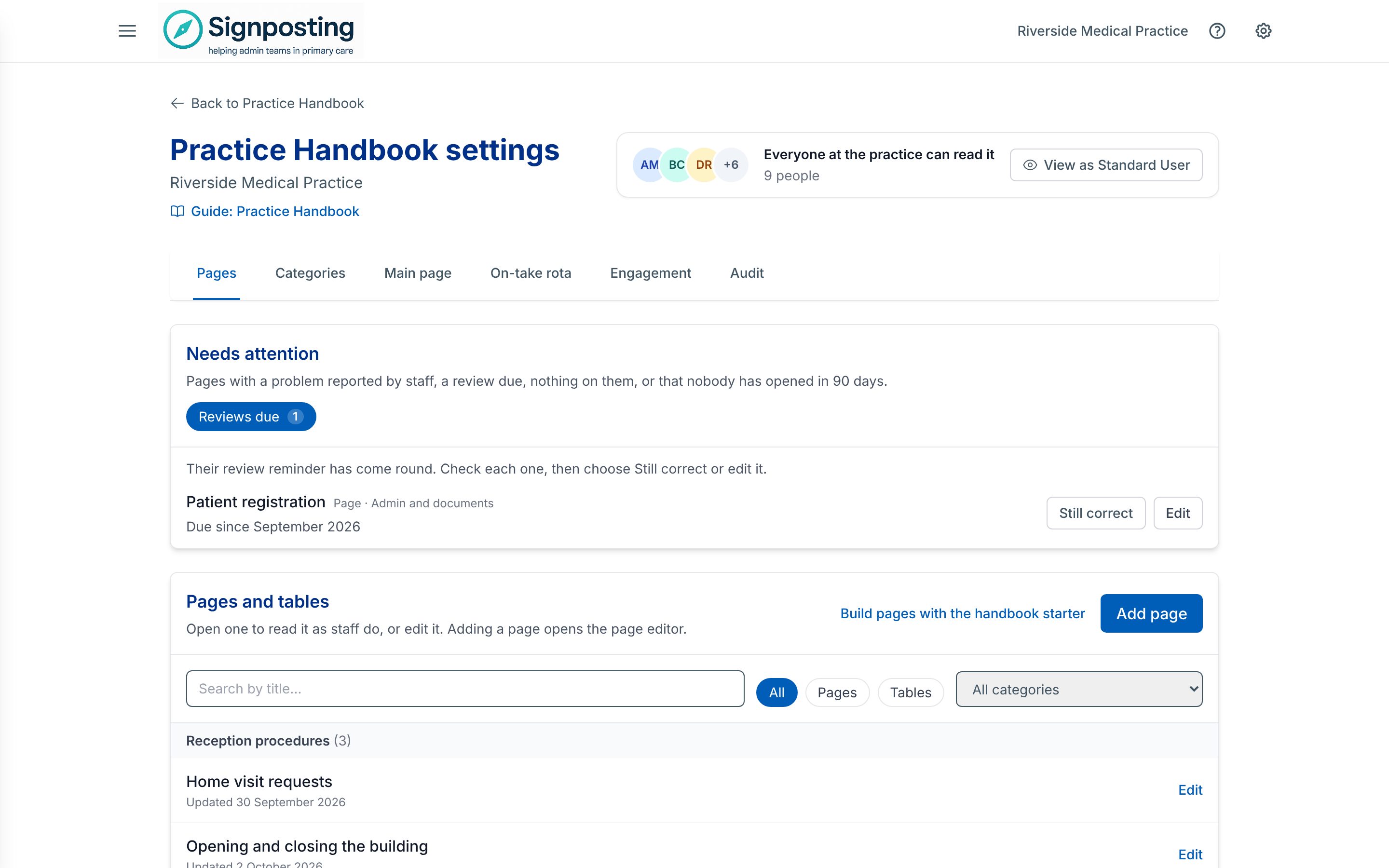 The Practice Handbook settings page on the Pages tab: who can read the handbook at the top, Needs attention listing pages with a review due, and the pages and tables by category, each with an Edit link.