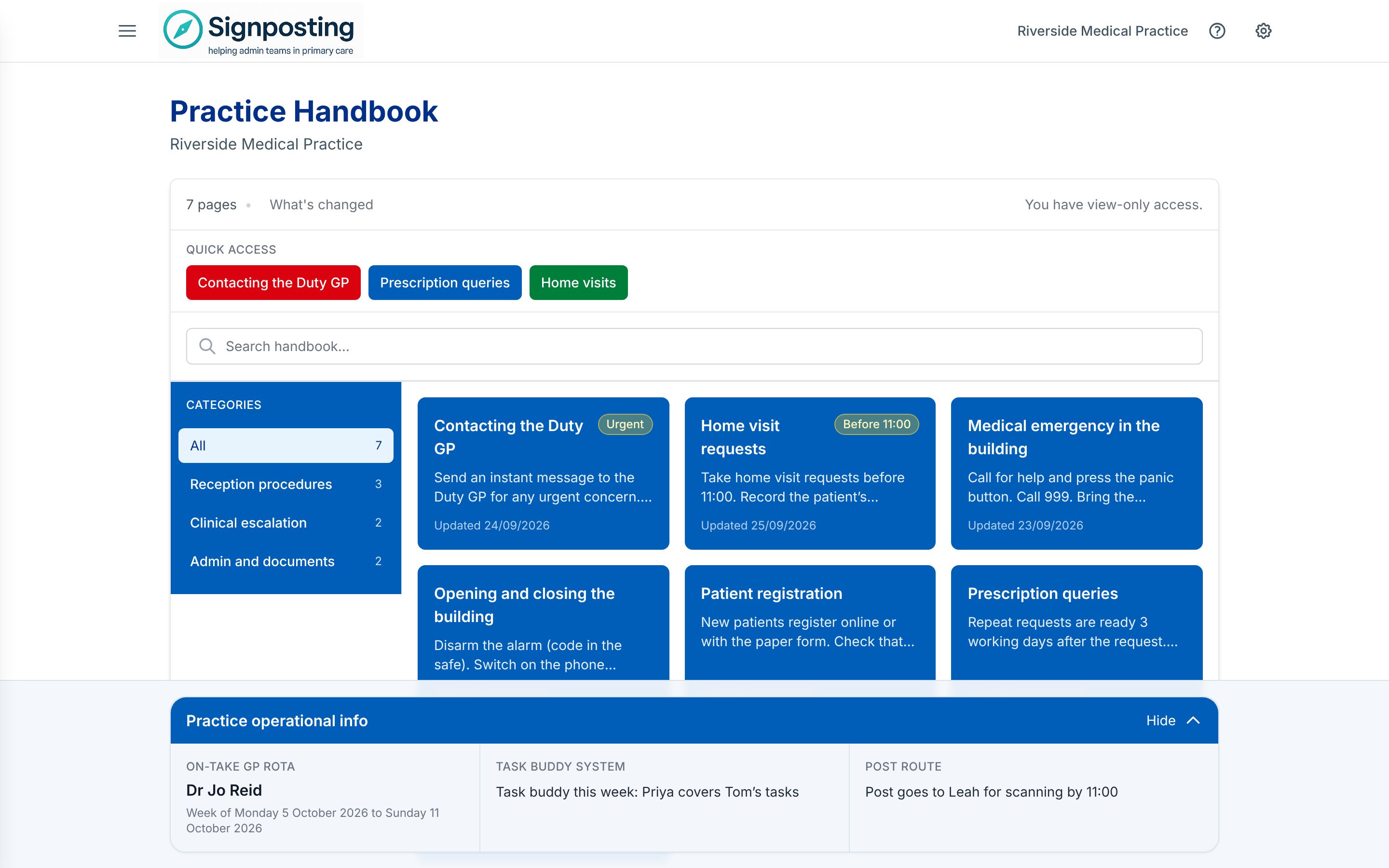 The Practice Handbook for Riverside Medical Practice: quick access buttons, a search box, categories on the left and page tiles, with the operational info panel showing the on-take GP, task buddy and post route.