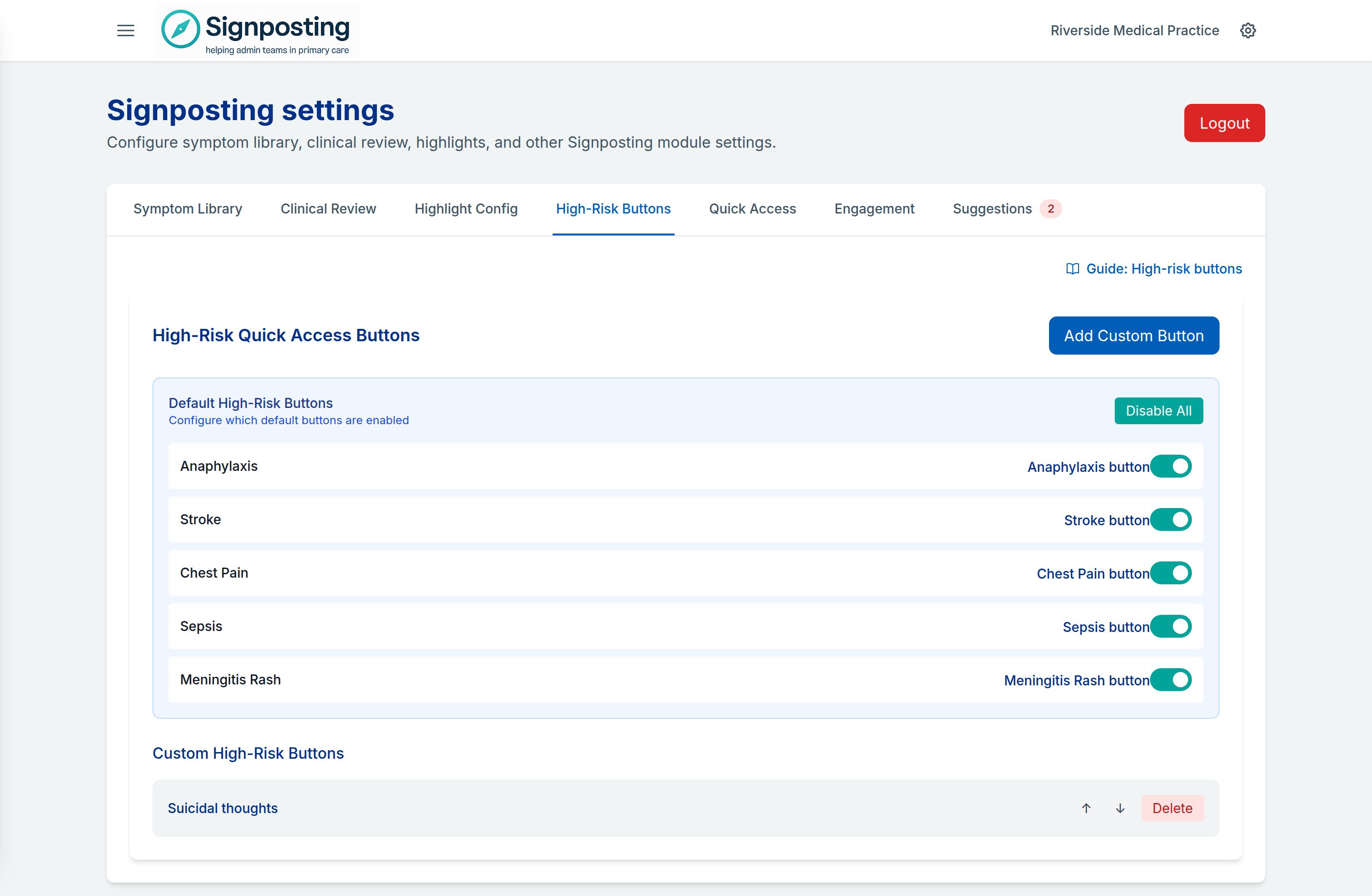 The High-Risk Buttons tab with the five default buttons switched on and a custom Suicidal thoughts button added by the practice.