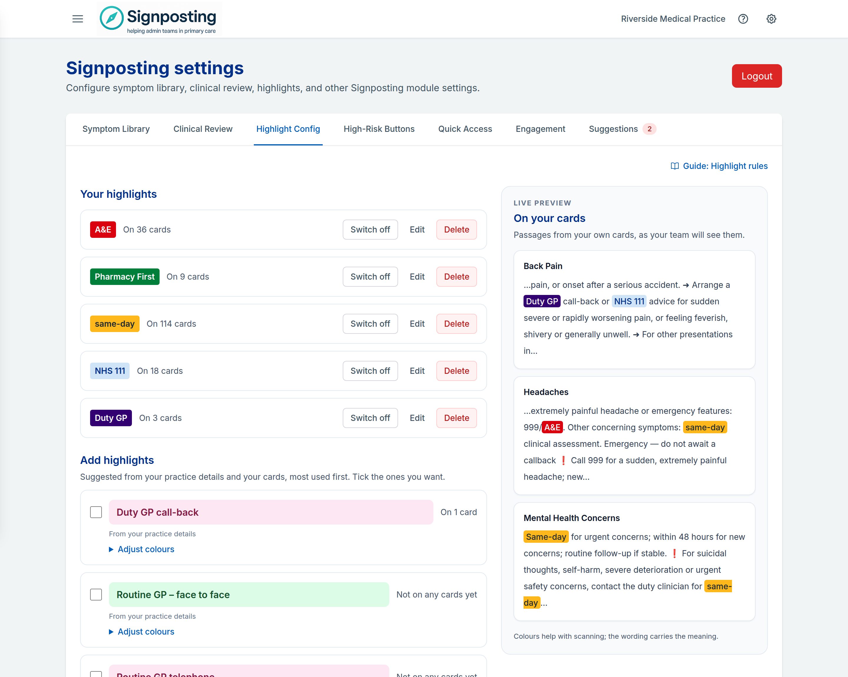 The Highlight Config tab for Riverside Medical Practice: the practice's highlights for phrases such as A&E, Pharmacy First and Duty GP, each with how many cards it appears on, suggestions to add, and a preview of the highlights on passages from the practice's own cards.