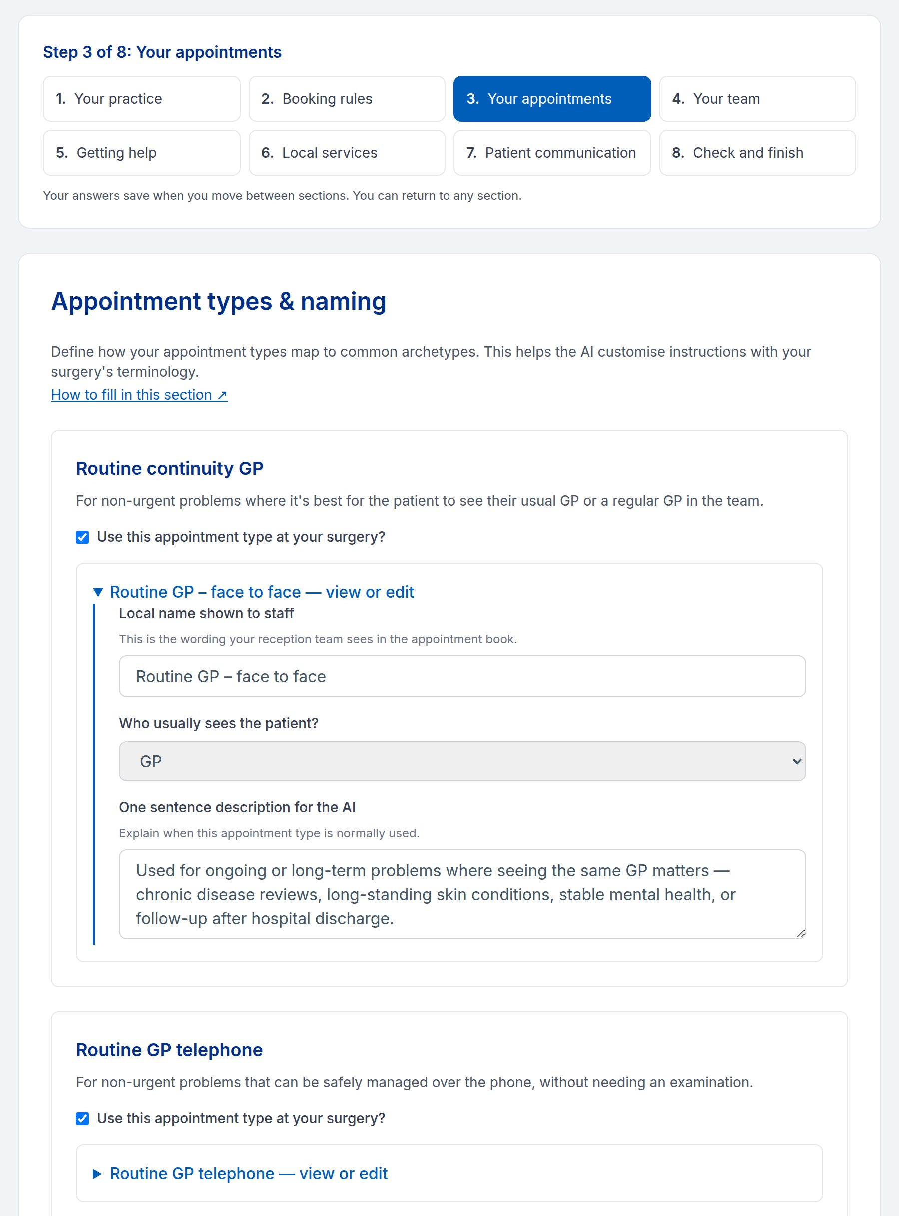 Step 3 of 8 of the practice questionnaire, Your appointments. Each standard appointment type, such as Routine continuity GP, is ticked if used and given the practice's own name and description.