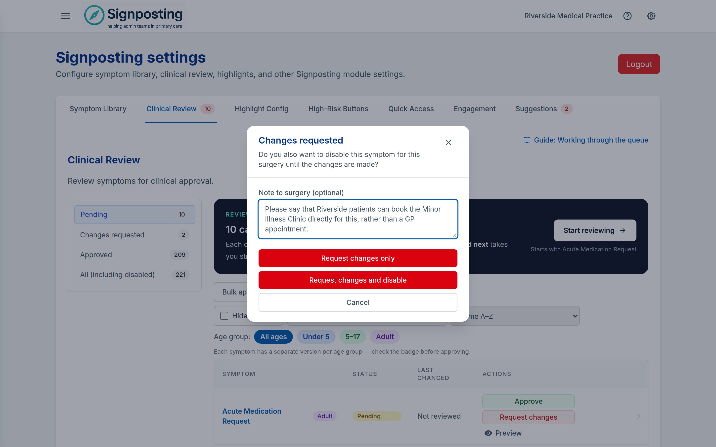 The Request changes dialog open over the Clinical Review list, with a note to the practice explaining what needs to change on the card.