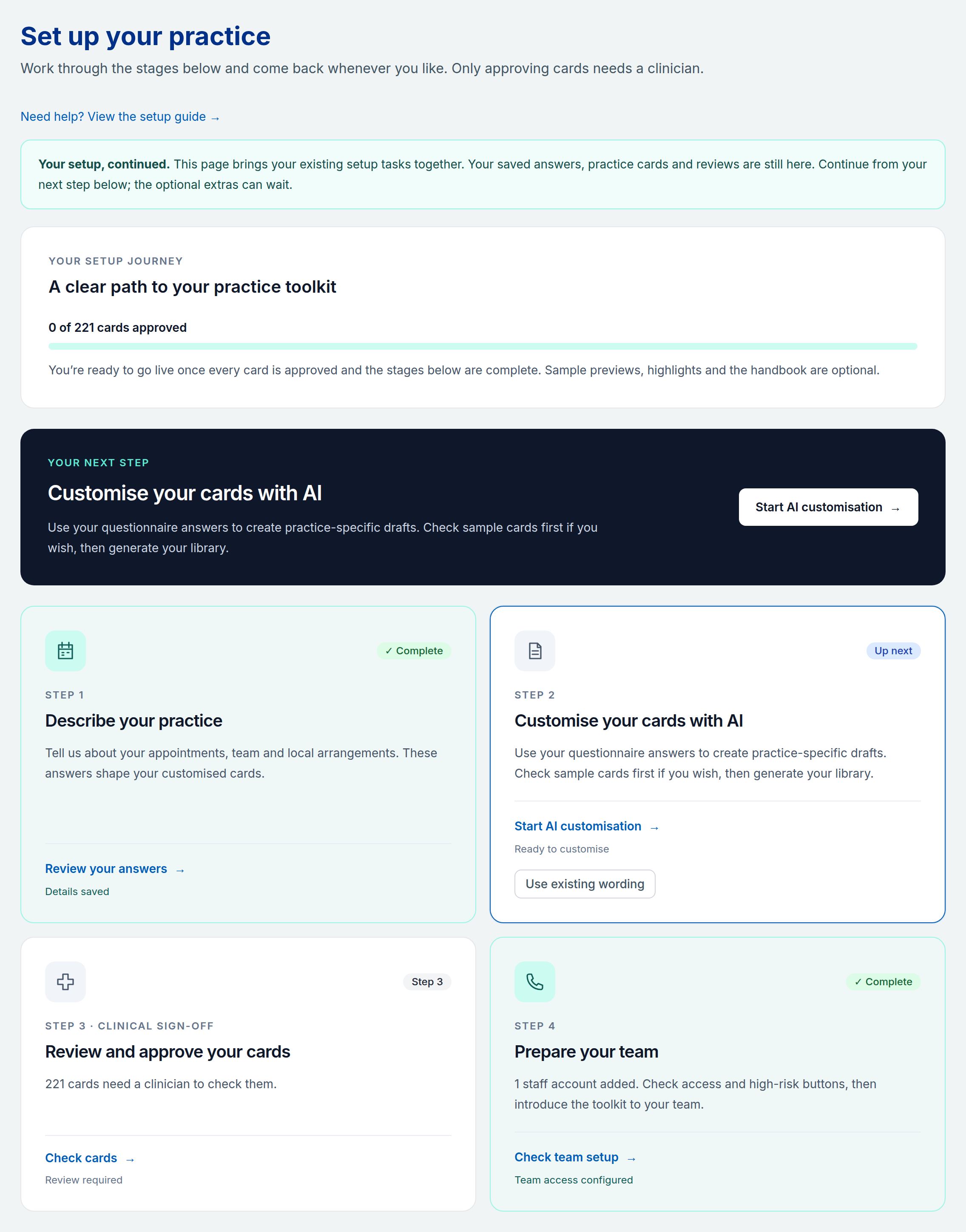 The Set up your practice page for Meadowbank Surgery: a progress bar showing 0 of 221 cards approved, a highlighted next step to customise cards with AI, and cards for the four stages, with step 3 marked as clinical sign-off.