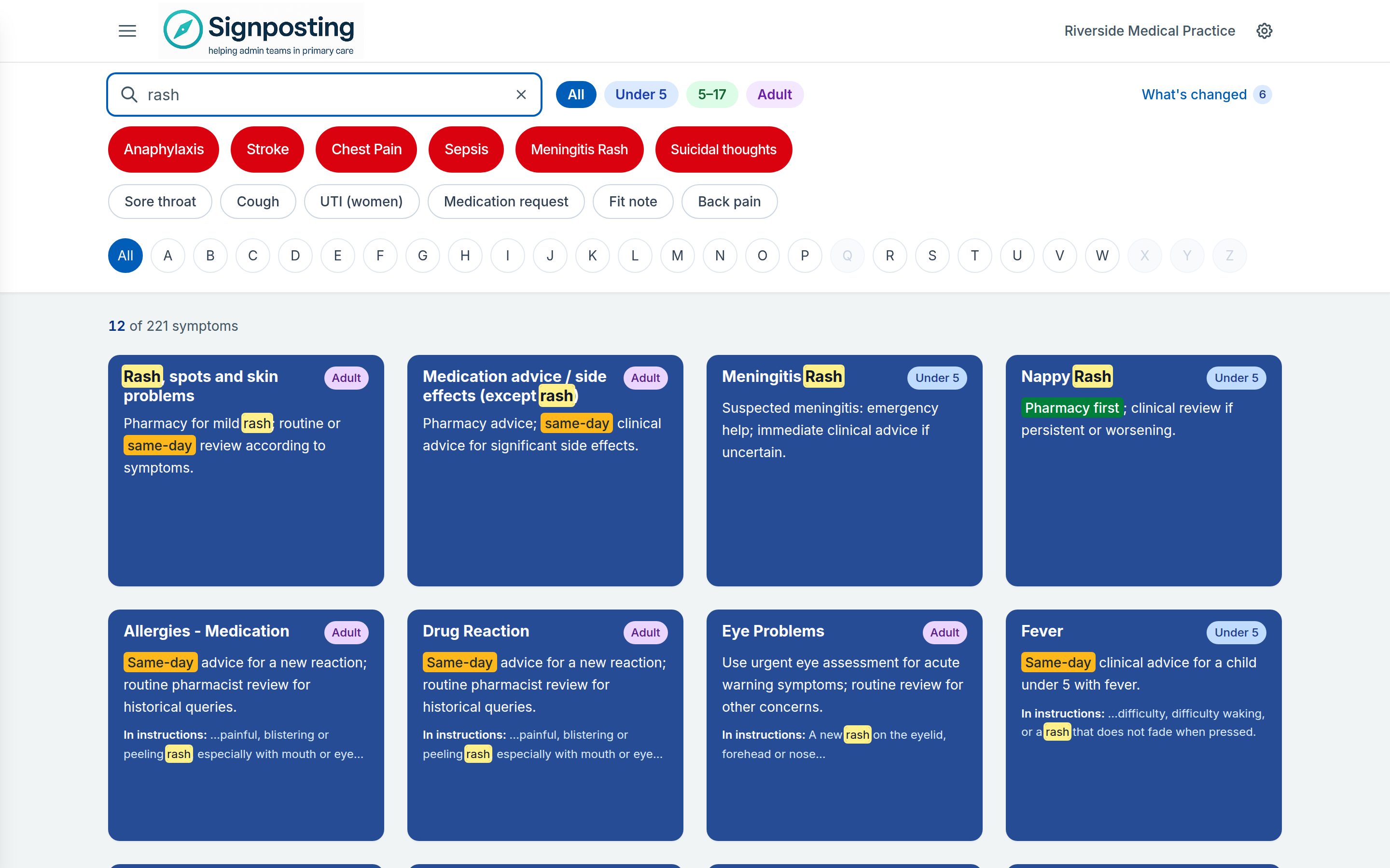The Signposting page with "rash" typed in the search box. Red high-risk buttons and a row of quick access buttons sit above a grid of matching symptom cards.