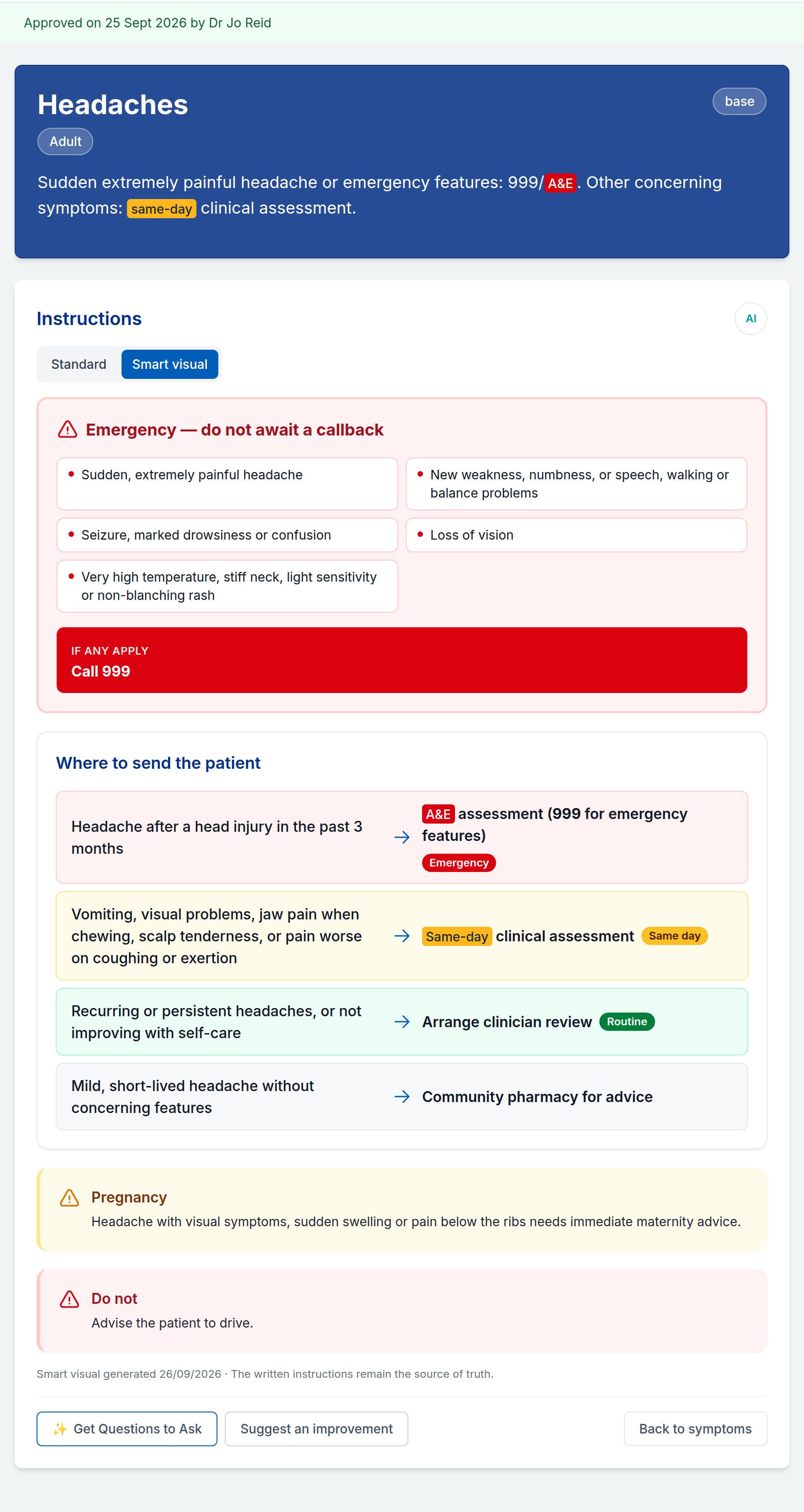 The Headaches card on the Smart visual tab: a red emergency panel listing warning signs with the action Call 999, then a colour-coded list of where to send the patient by urgency.