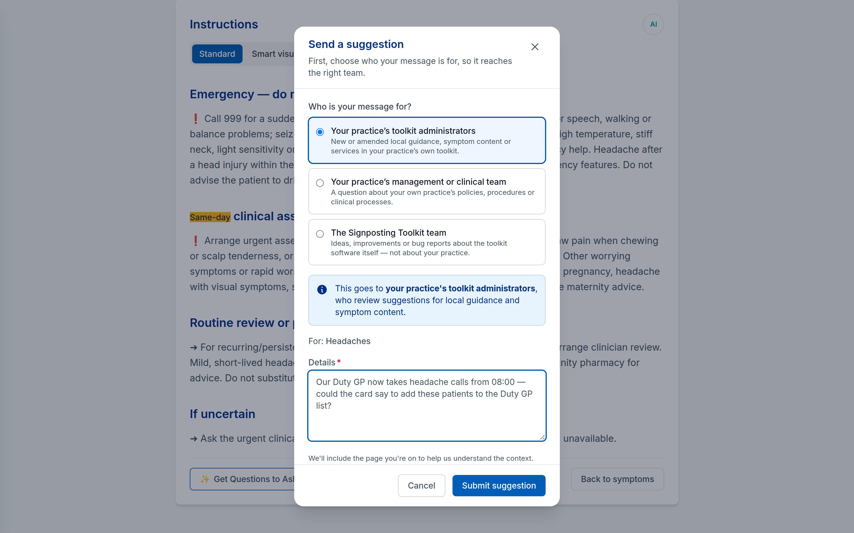 The Suggest an improvement dialog open over the Headaches card, with a suggestion typed in the message box.
