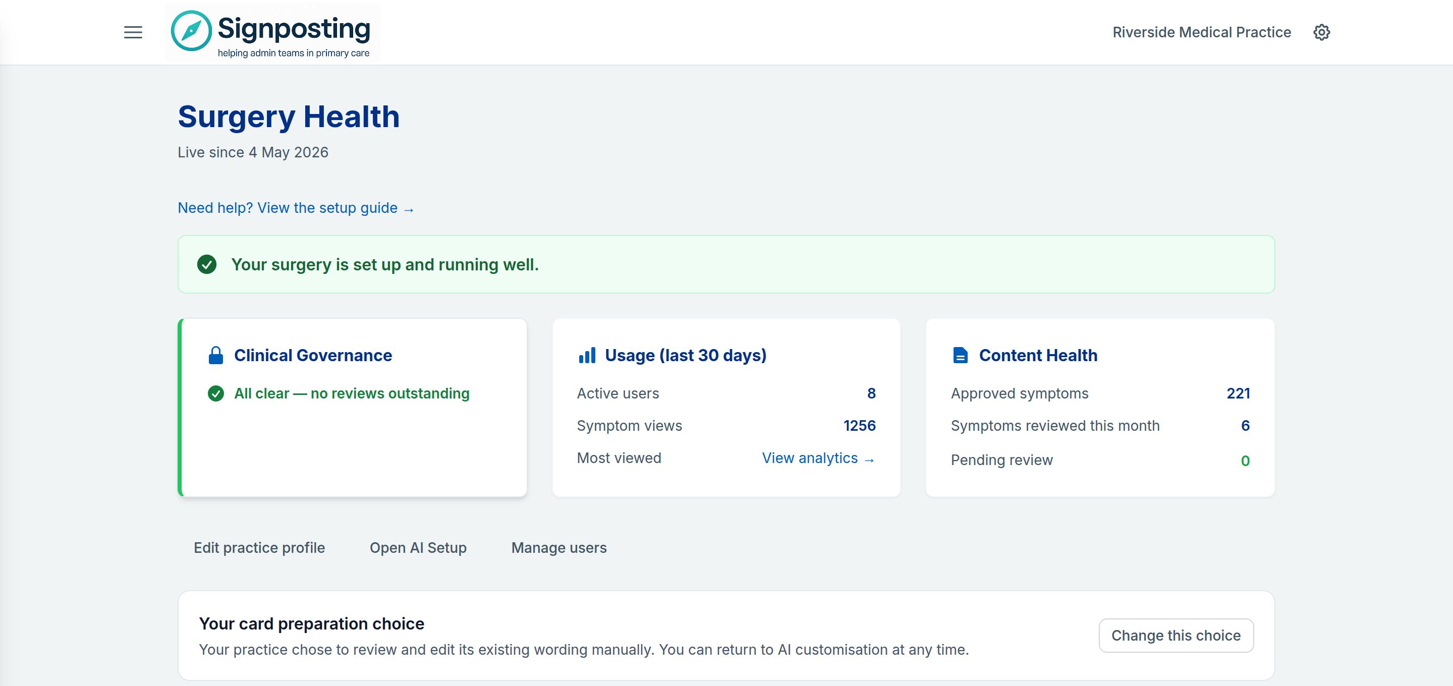 The Surgery Health page for Riverside Medical Practice, live since May 2026, with panels for clinical governance, usage over the last 30 days and content health.