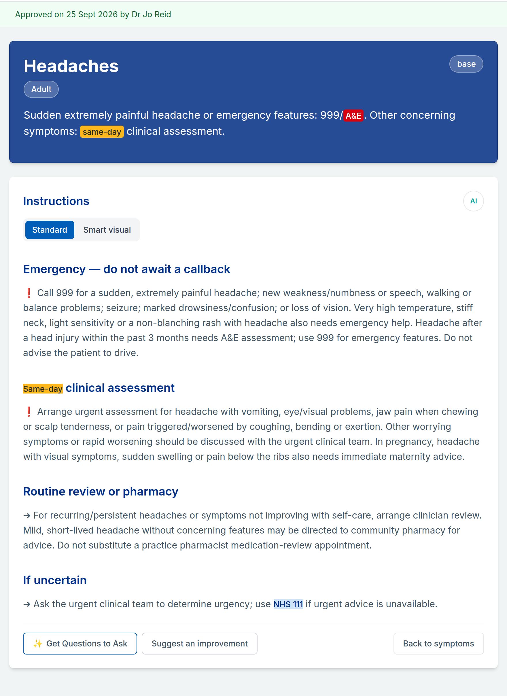 The Headaches card for adults, approved by Dr Jo Reid, on the Standard view. Key phrases such as A&E, same-day and NHS 111 are highlighted in the practice's colours, and buttons at the bottom offer Get Questions to Ask and Suggest an improvement.