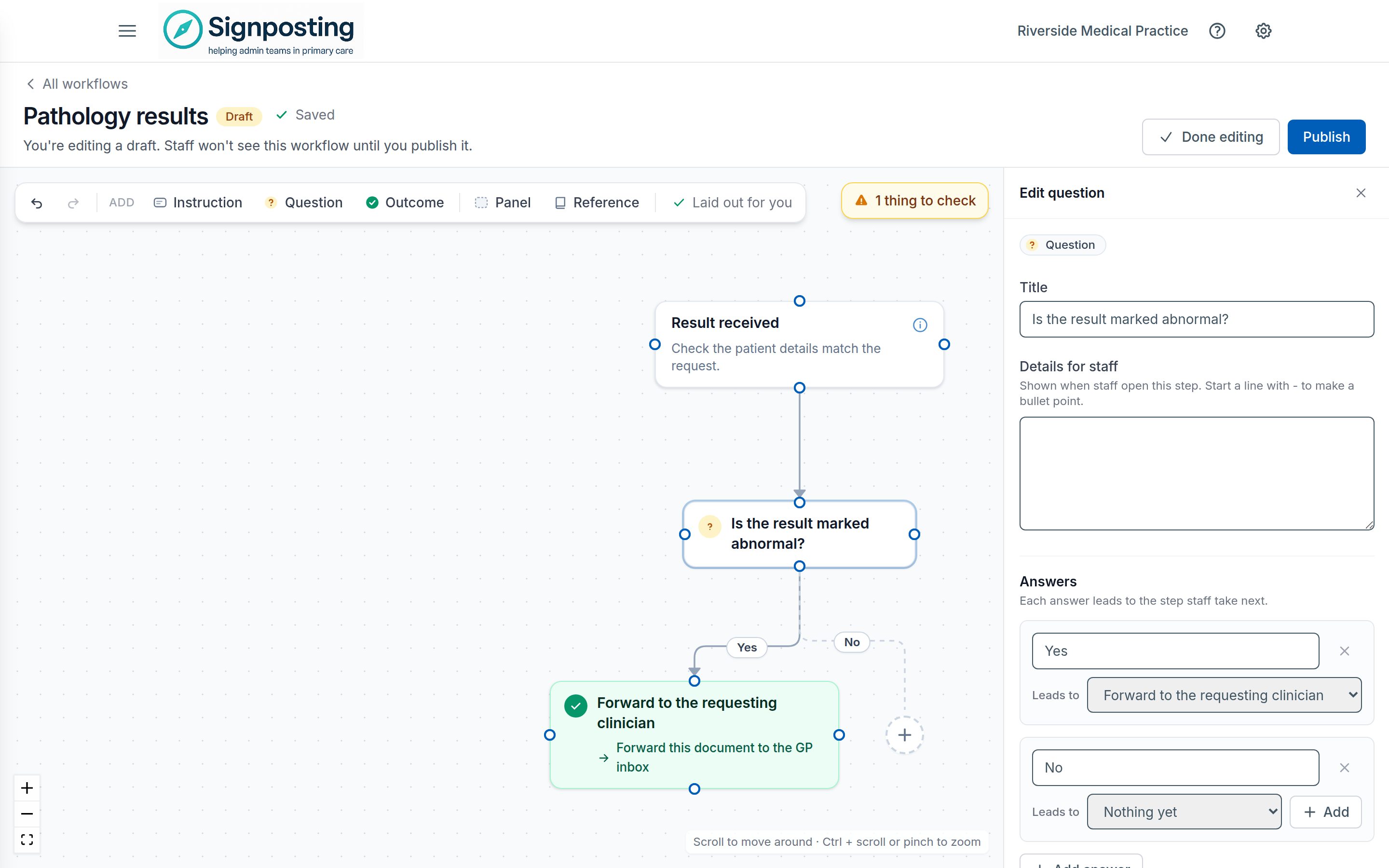 The Pathology results workflow being edited: a question with Yes leading to an outcome and No ending in a + to add the next step, the editing toolbar above the diagram, and the question's answers in the side panel.