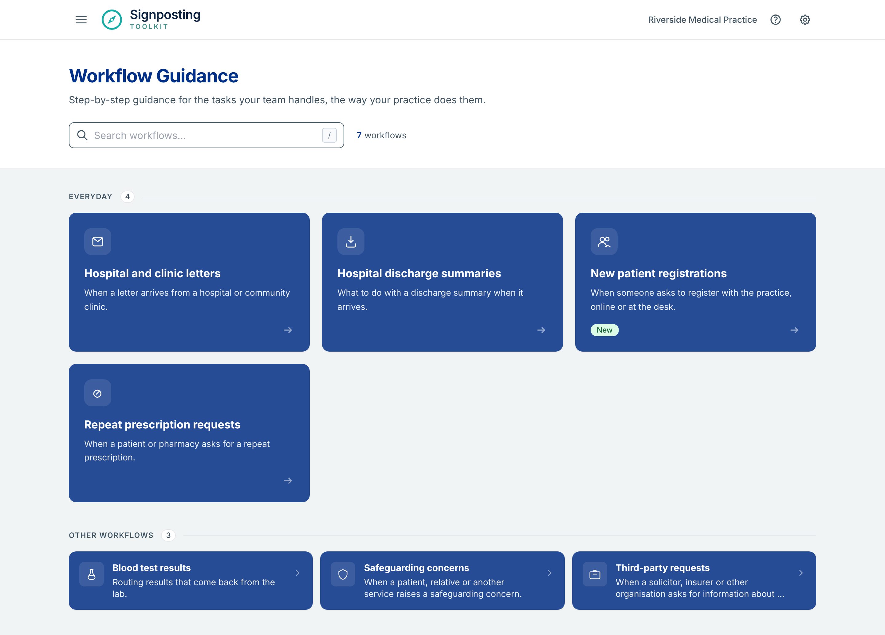 The Workflow Guidance page for Riverside Medical Practice: a search box, then cards under Everyday, such as Hospital and clinic letters and New patient registrations, and smaller cards under Other workflows. Each card has an icon, the workflow's name and when to use it.