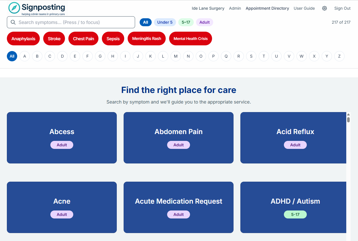 Main symptom search and high-risk buttons