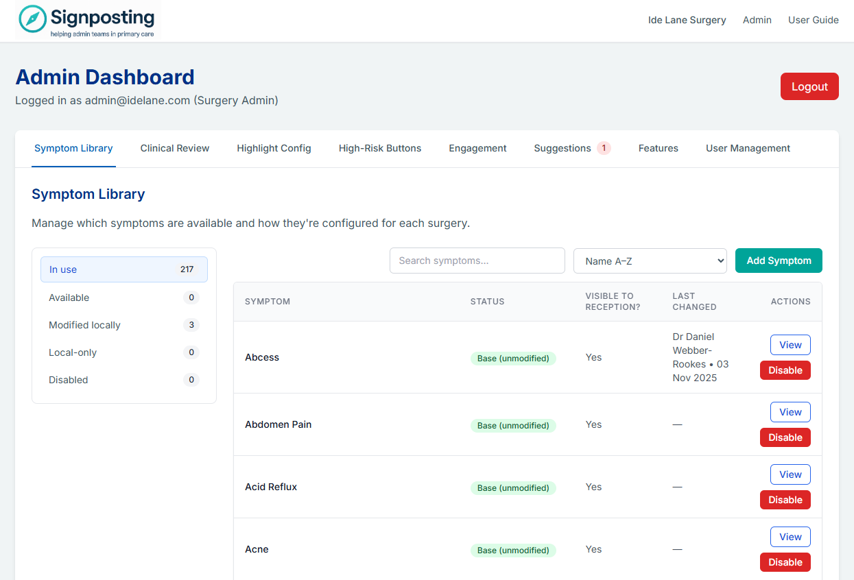 Admin dashboard – Symptom Library